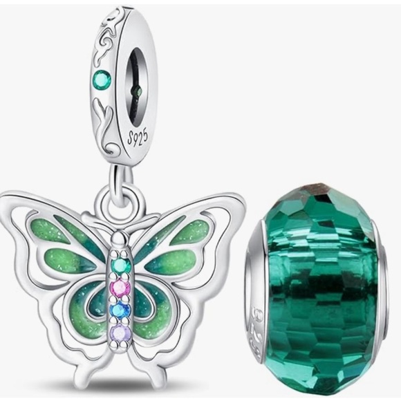 Butterfly charm with green accents and matching spacer bead fits all Pandora - Picture 1 of 1